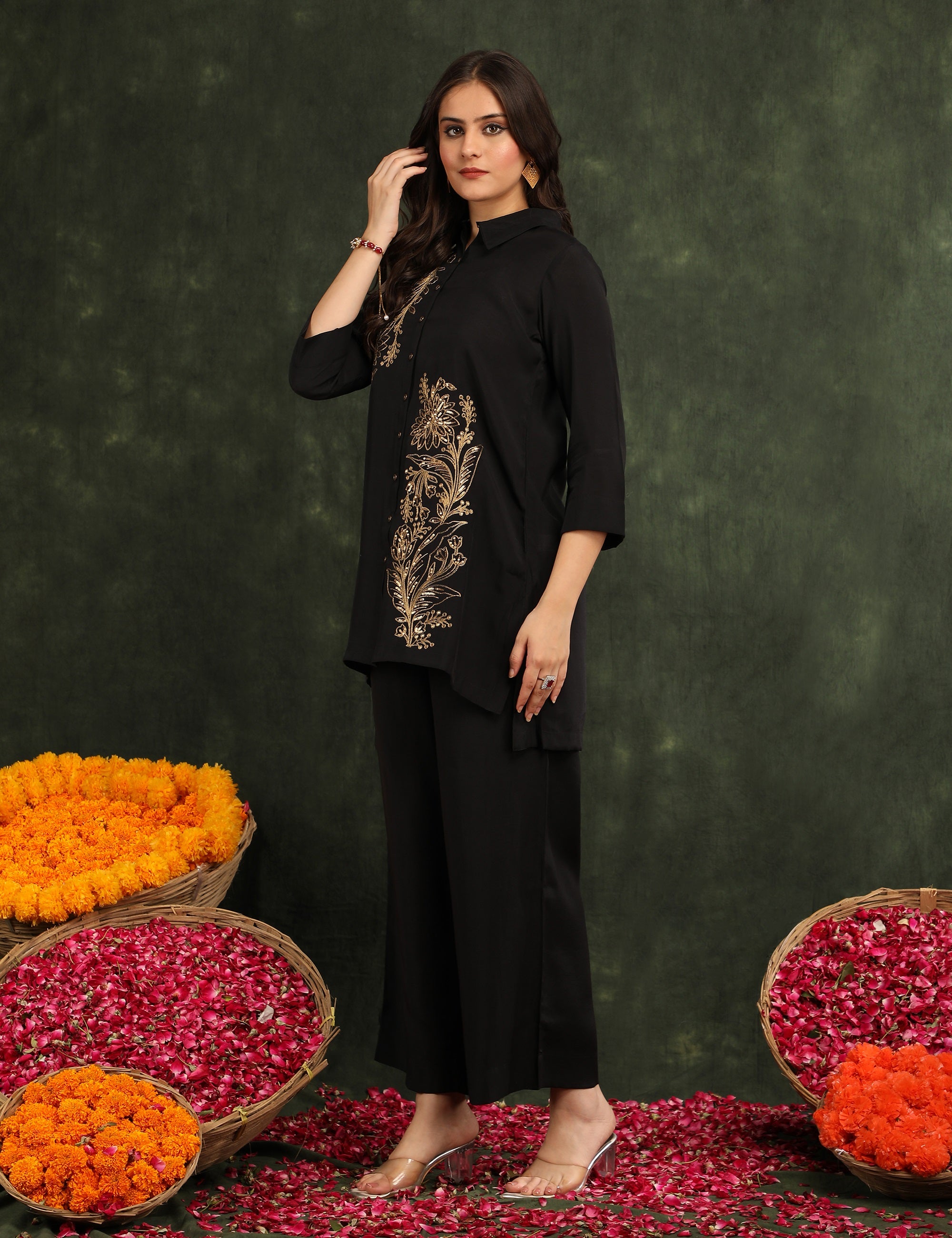 Bani Women Black & Gold Floral Embroidered Co-ord Set